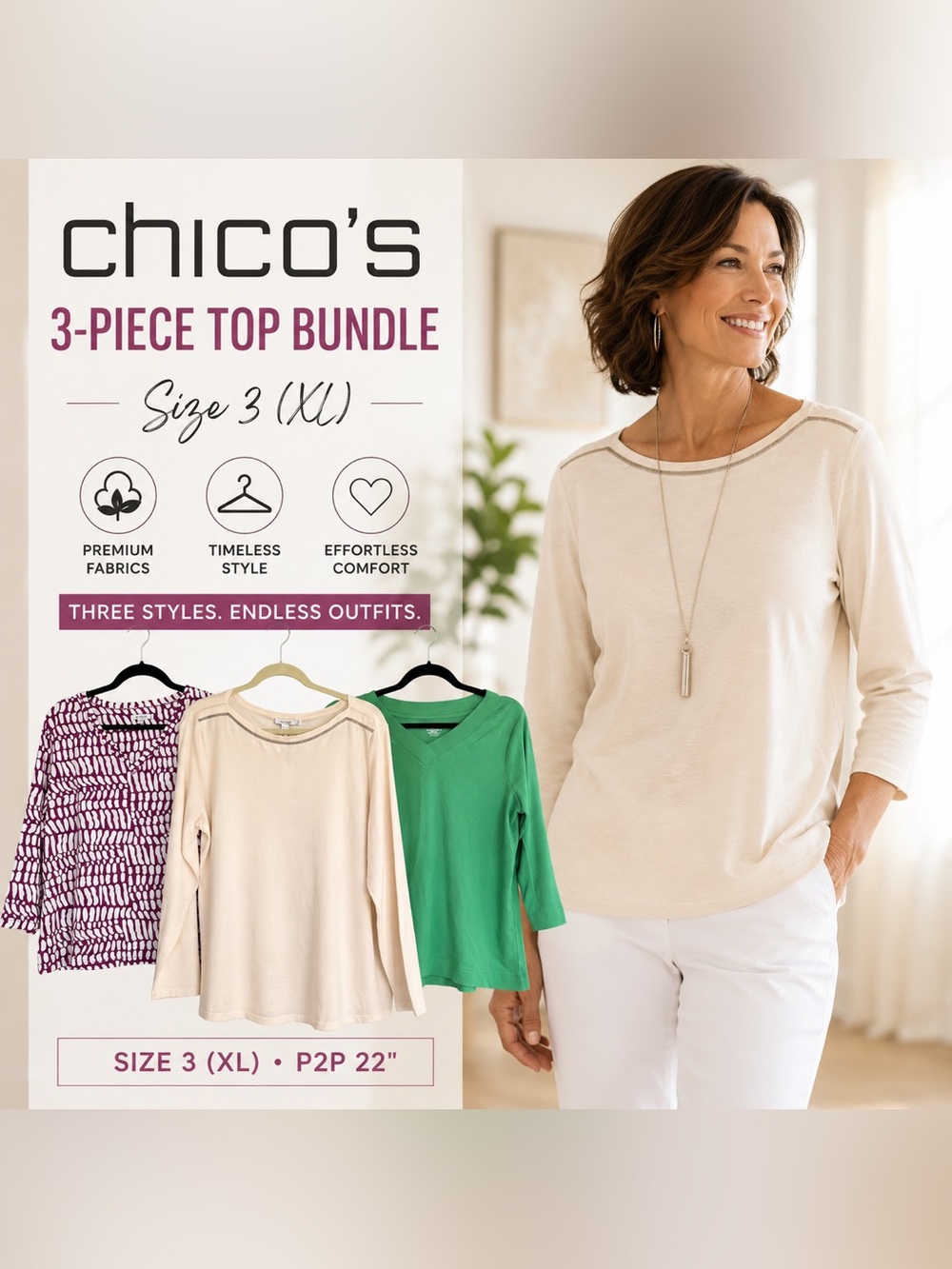 Chico's Size 3 (XL) 3-Piece Top Bundle | Pima Cotton & Printed Knit Tops